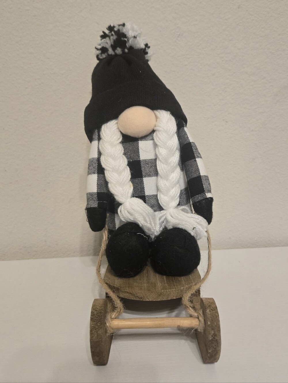 Black and White Buffalo Plaid Gnome on Sled